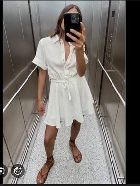 Zara White Short Tie-Waist Shirt Dress